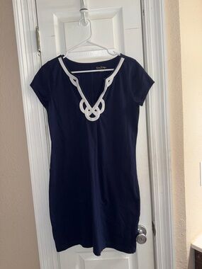 Lilly Pulitzer 100% Pima Cotton Size M Navy Dress with White Rope Knot Neckline